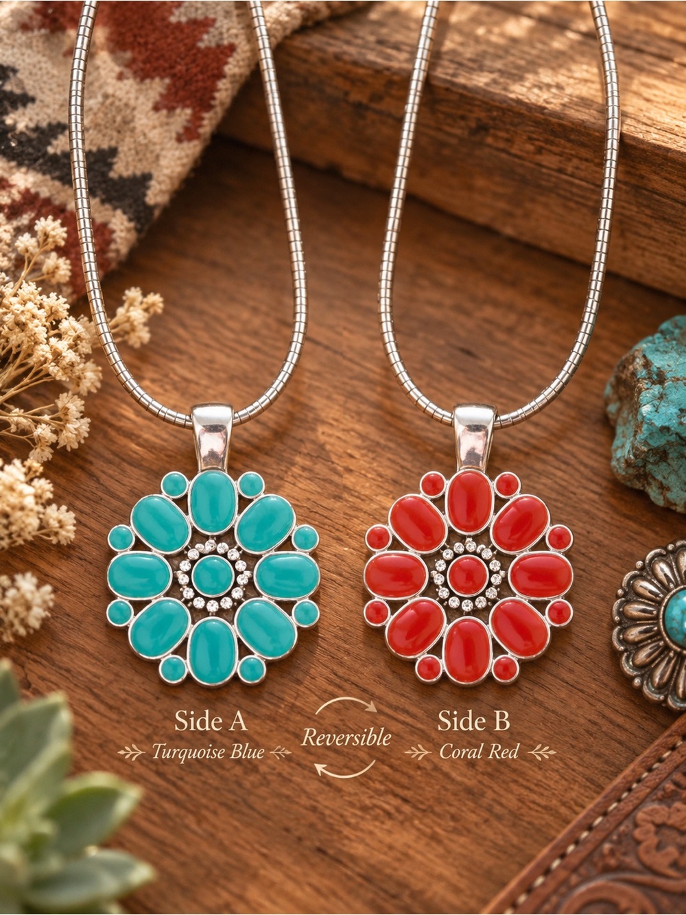 Park Lane Omega Chain Necklace with Reversible Red Turquoise Statement Pendant